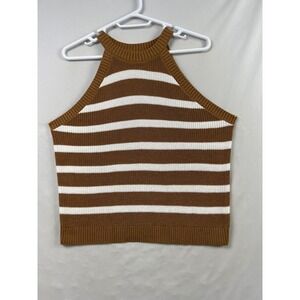 Old Navy Sweater Tank Women 2X Brown Striped High Neck Halter Cotton Blend NEW